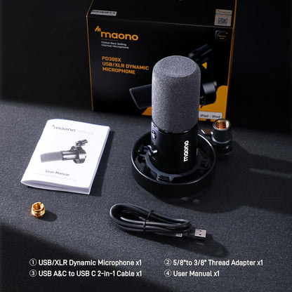 MAONO PD300X Podcast Microfoon- XLR/USB Mic met ruisonderdrukking, 192kHz/24Bit Hi-Fi Audio, Mute-knop, Link Software. Voor podcasting, streaming, studio-opname