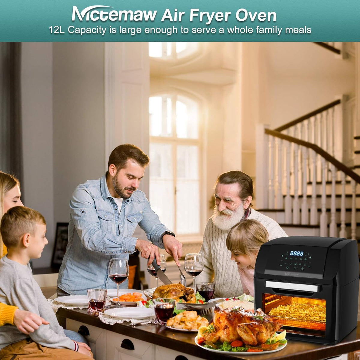 Nictemaw Olievrije friteuse van 12 liter, 1500 W, heteluchtfriteuse, heteluchtoven met 10 programma's, dehydrator, met LED-display (XXX-groot)