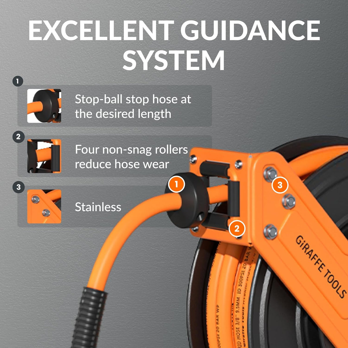 Giraffe Tools Intrekbare Air Line Reel 15m+1m, Wall Mounted Air Hose Reel 3/8 "Hybride Slang, Pneumatische Heavy Duty Stalen Reel met 1/4" Quick Coupler