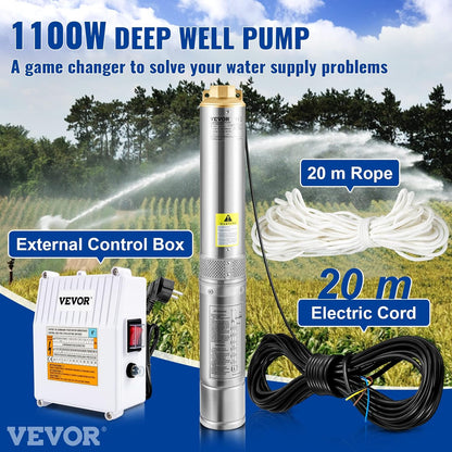 Diepbronpomp – Dompelpomp – Fonteinpomp – Buispomp – Zandpomp – 1100 W Vermogen – Roestvrijstalen Behuizing – Max. Opvoerhoogte 57 Meter – 190 L/min Debiet – IP68 Waterdicht