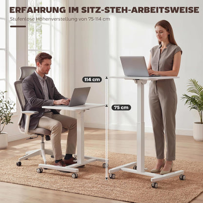 Laptoptafeltje – Verstelbaar Bureau – Mobiele Computertafel – Zit-Sta Werkplek – Kantelbaar Tafelblad – Pneumatische Hoogteverstelling 75-114 cm – Compact 60,5x52 cm Wit