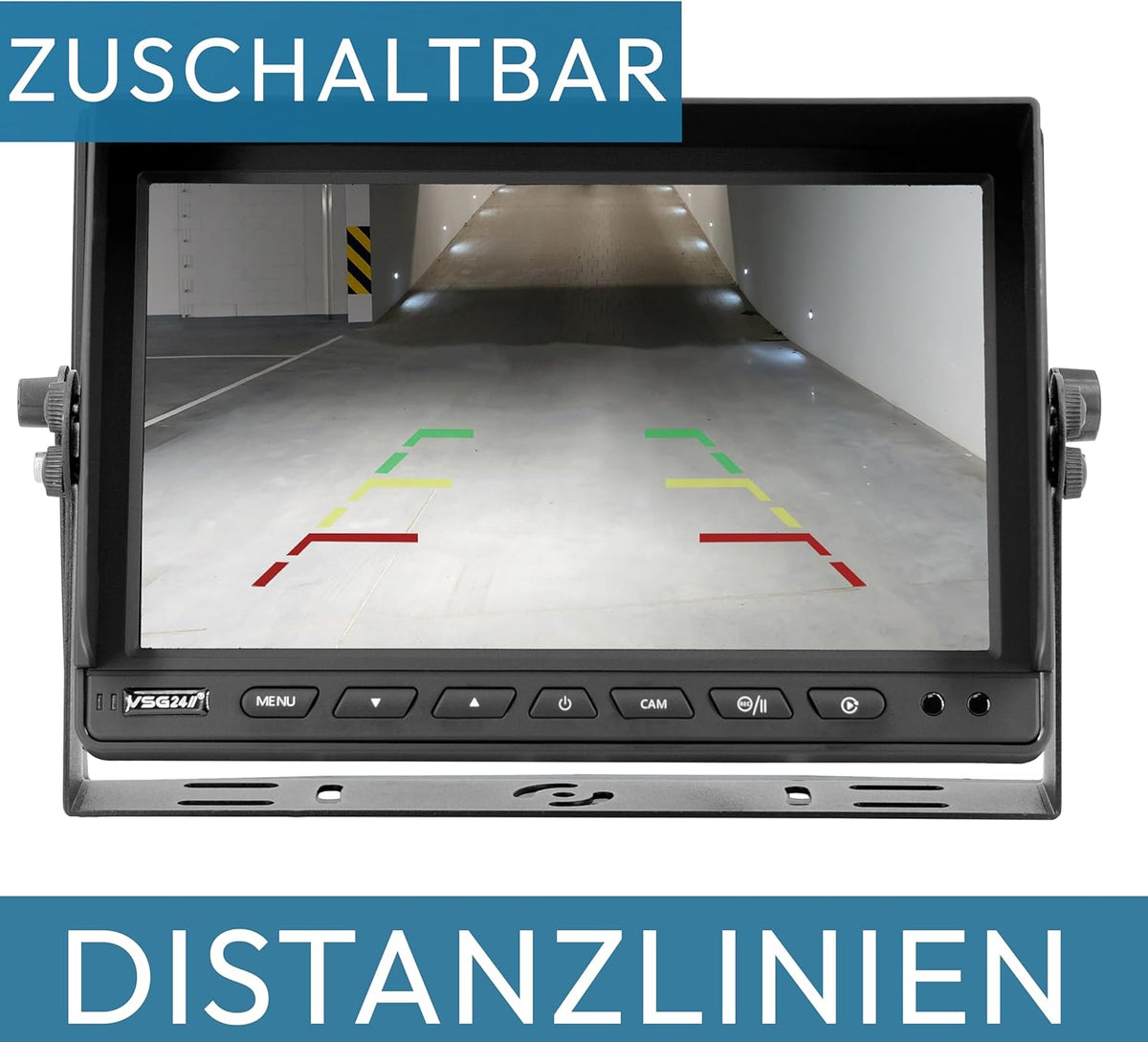VSG24 7"professionele achteruitrijmonitor / 12-24 volt/afstandslijnen/spiegelend beeld / 2 video-ingangen/off-vertraging/e-goedkeuring/camerastroomvoorziening/elect-serie 22D. 10" QUAD Rückfahrmonitor