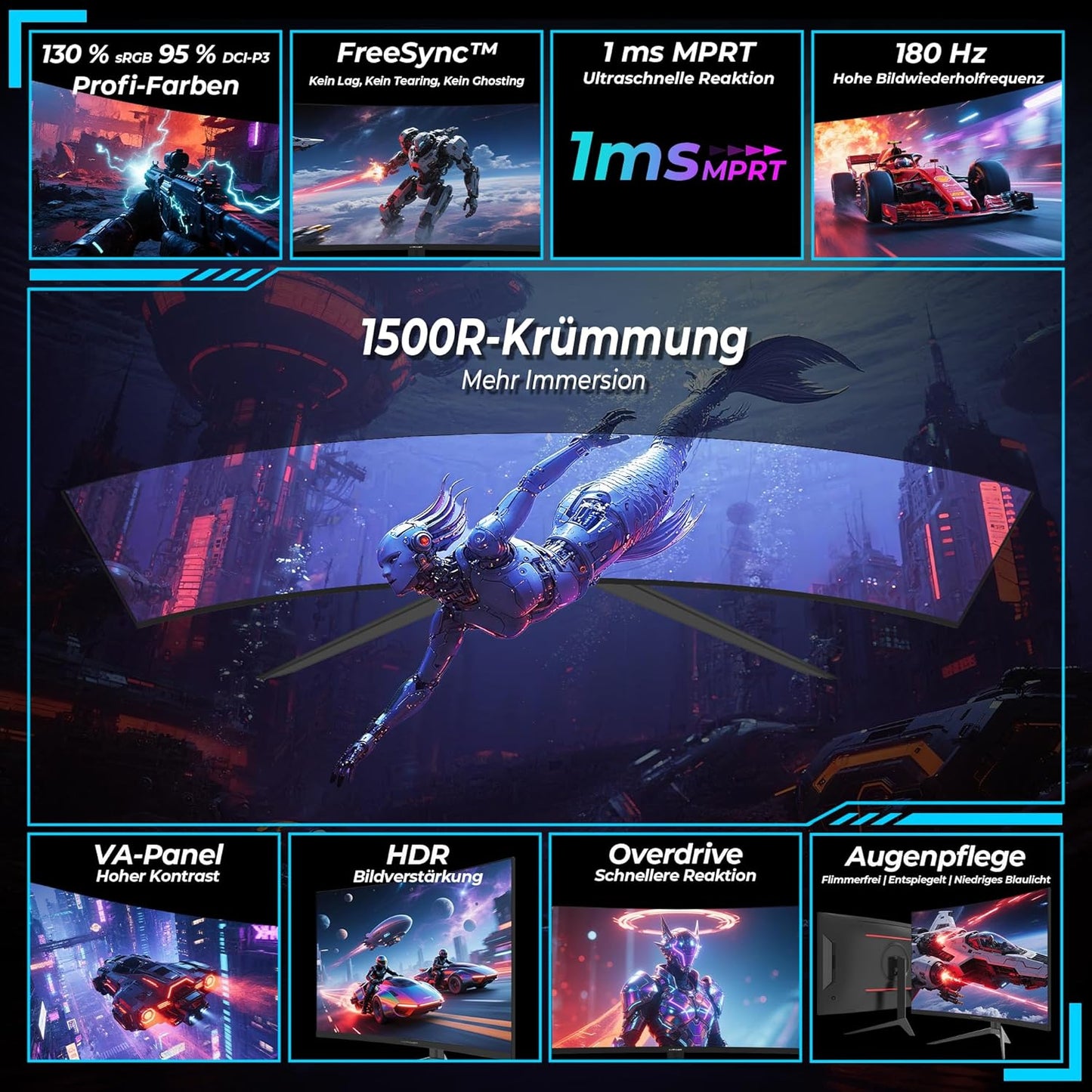 LC-Power LC-M27FC Gaming Monitor 27 inch Curvo, FHD 1920x1080, 180 Hz, 1ms MPRT, VA Panel Ultra Rapid, 123,1% sRGB, HDR, AMD FreeSync, hellingshoek verstelbaar, HDMI 2.0/DP1.4, VESA 100x100