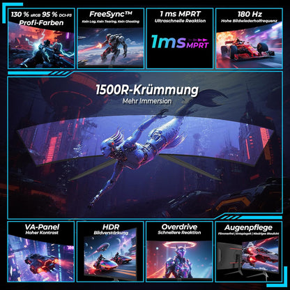 LC-Power LC-M27FC Gaming Monitor 27 inch Curvo, FHD 1920x1080, 180 Hz, 1ms MPRT, VA Panel Ultra Rapid, 123,1% sRGB, HDR, AMD FreeSync, hellingshoek verstelbaar, HDMI 2.0/DP1.4, VESA 100x100