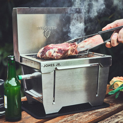 Campinggrill 1-pits BURNHARD® 3,2 kW, 500°C roestvrij staal, FitnFire™-systeem, ultracompact, draagtas, grillmat – JONES Jr.