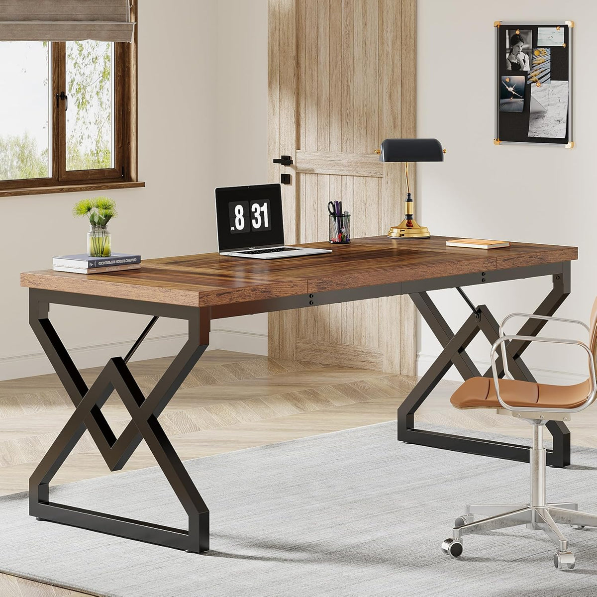 Tribesigns 160cm Executive Desk, Large Office Computer Desk with Extra Thick Wood Table Top and Metal Frame, Modern, Simple Workstation Writing Desk, Study Desk for Home Office, Vintage
