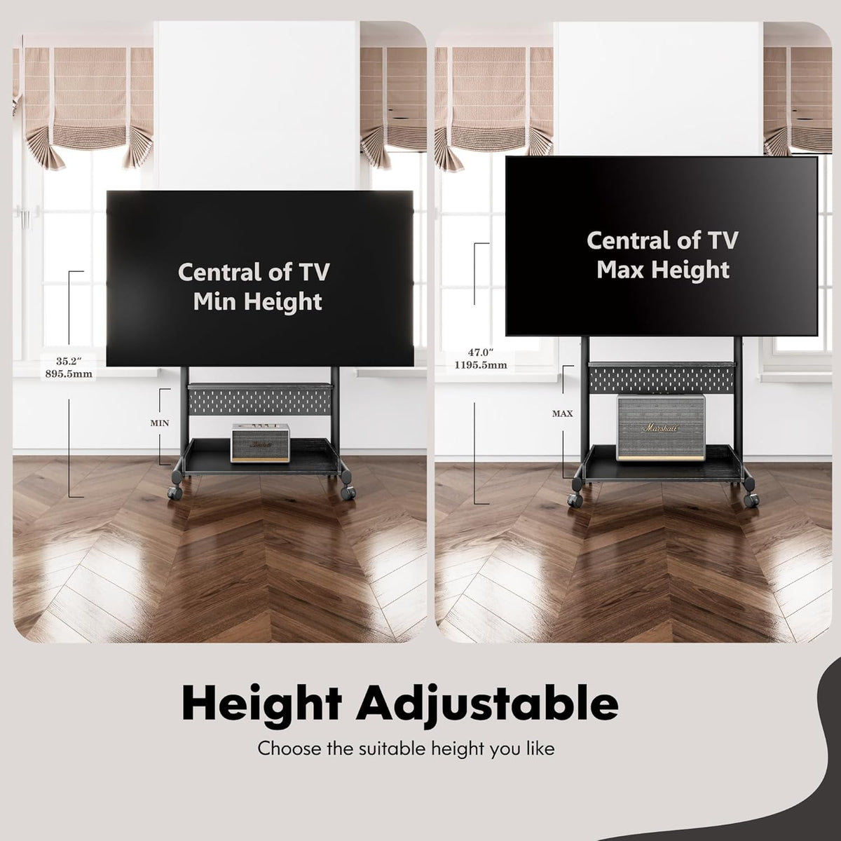 Tv-vloerstandaard op wielen – Tv-standaard – Tv-kar – Tv-statief – Tv-trolley – In Hoogte Verstelbaar – Voor 40-85 Inch, Tot 60 Kg, Zwart