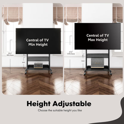 Tv-vloerstandaard op wielen – Tv-standaard – Tv-kar – Tv-statief – Tv-trolley – In Hoogte Verstelbaar – Voor 40-85 Inch, Tot 60 Kg, Zwart