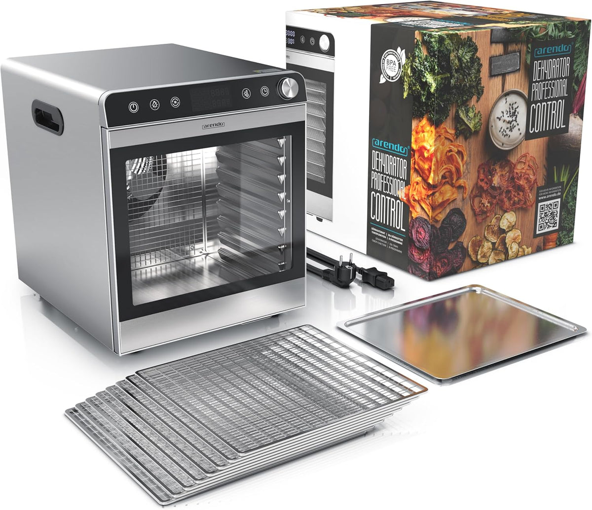 Arendo - Voedseldroger van roestvrij staal met 10 roestvrijstalen roosters - 8400 cm² - droogapparaat dehydrator fruitdroger droogapparaat - fruit, vlees, paddenstoelen enz