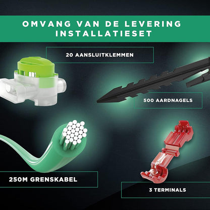 Begrenzingskabel Installatieset Robotmaaier – Begrenzingsdraad – Haringen – Aansluitklemmen – Verbindingsklemmen – 250 Meter Kabel – 500 Gepatenteerde Haringen – Eenvoudige Montage