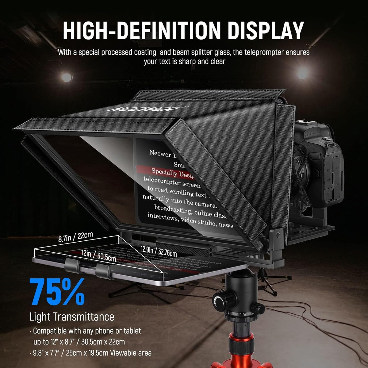 Teleprompter – Autocue – Camera Prompter – Scriptscherm – Videoprompter – 14 Inch Aluminiumlegering – Afstandsbediening En App