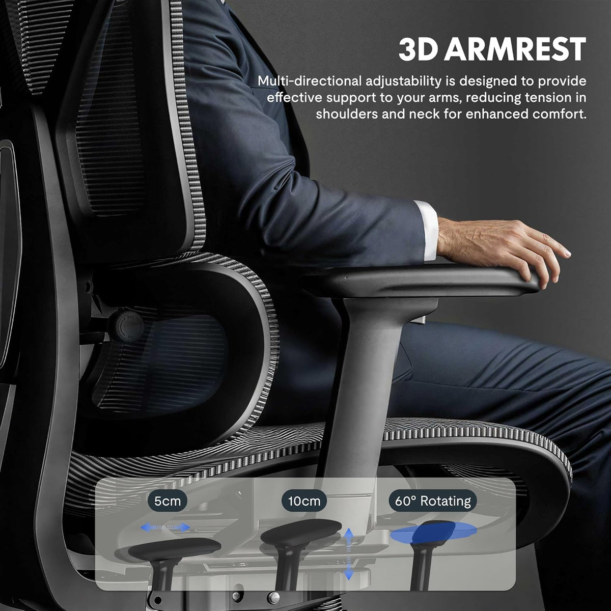 Ergonomische Bureaustoel – Werkstoel – Office Chair – Bureaustoel Met Hoofdsteun – Draaibare Bureaustoel – Adaptieve Lendensteun – Verstelbare Zithoogte en 3D-Armleuningen – Ademend Mesh-Materiaal