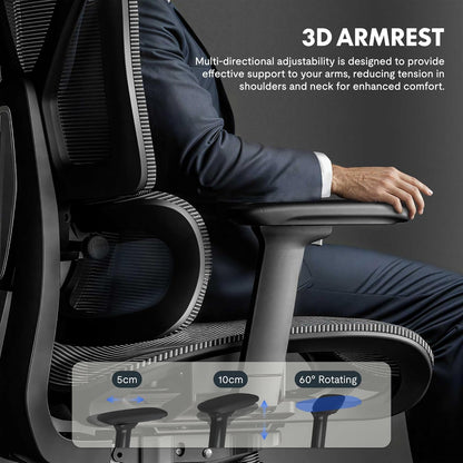 Ergonomische Bureaustoel – Werkstoel – Office Chair – Bureaustoel Met Hoofdsteun – Draaibare Bureaustoel – Adaptieve Lendensteun – Verstelbare Zithoogte en 3D-Armleuningen – Ademend Mesh-Materiaal