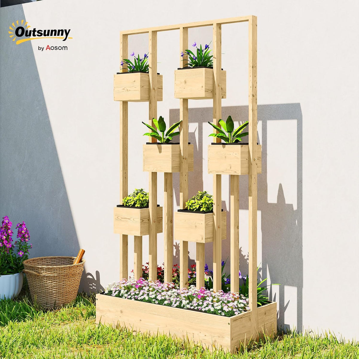 Outsunny Planter with Climbing Frame and Baskets, Wooden Planter Flower Pot, 90 x 45 x 170 cm, For Garden, Balcony and Terrace, Flower Box for Climbing Plants