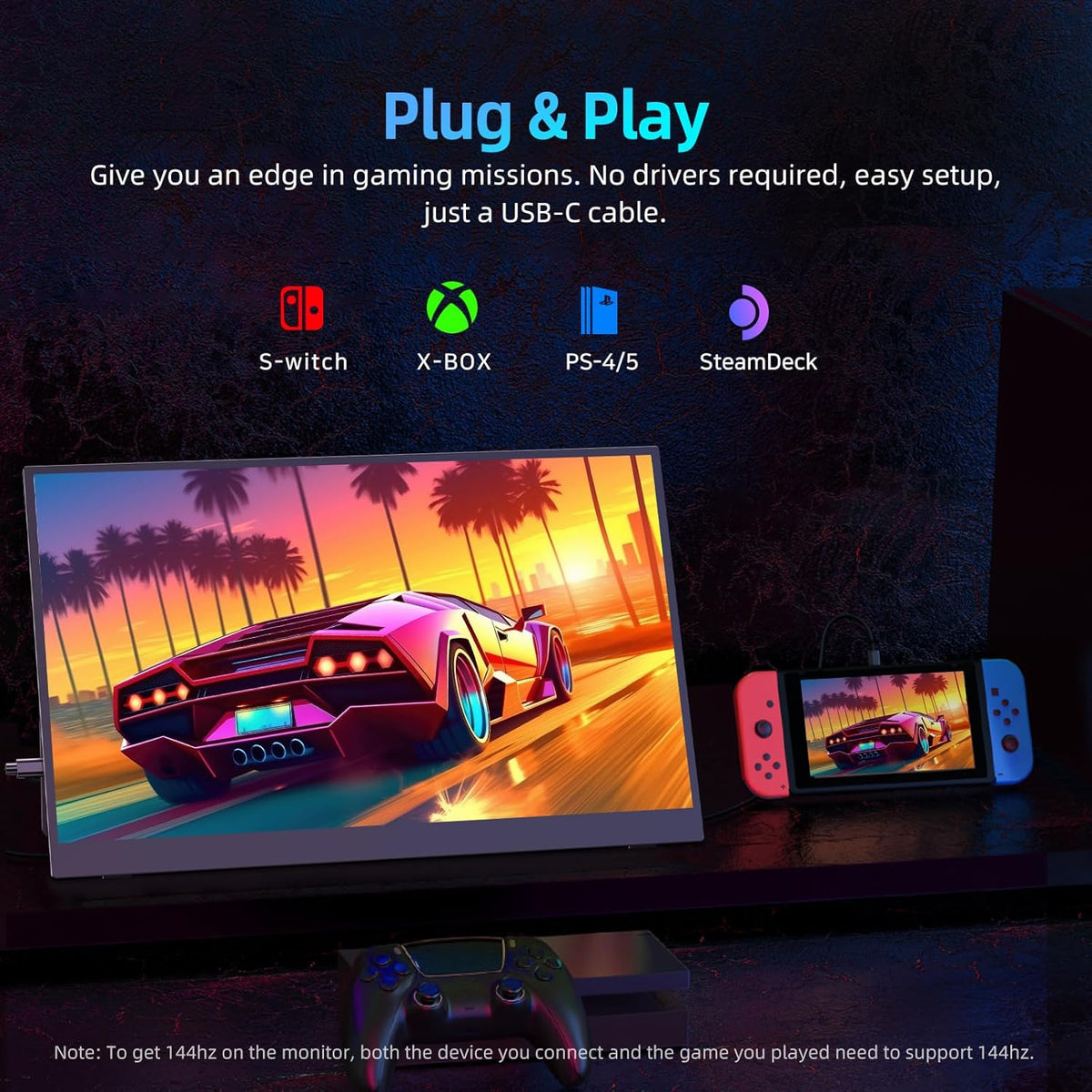 UPERFECT Portable Monitor 17.3 Inch 144Hz with 1920x1080 Full HD Eye Care IPS Mat Screen Integrated Bracket Mini HDMI 2 USB C for PC Laptop PS4/5 Switch Xbo, Mobile Display VESA Compatible - QUORE