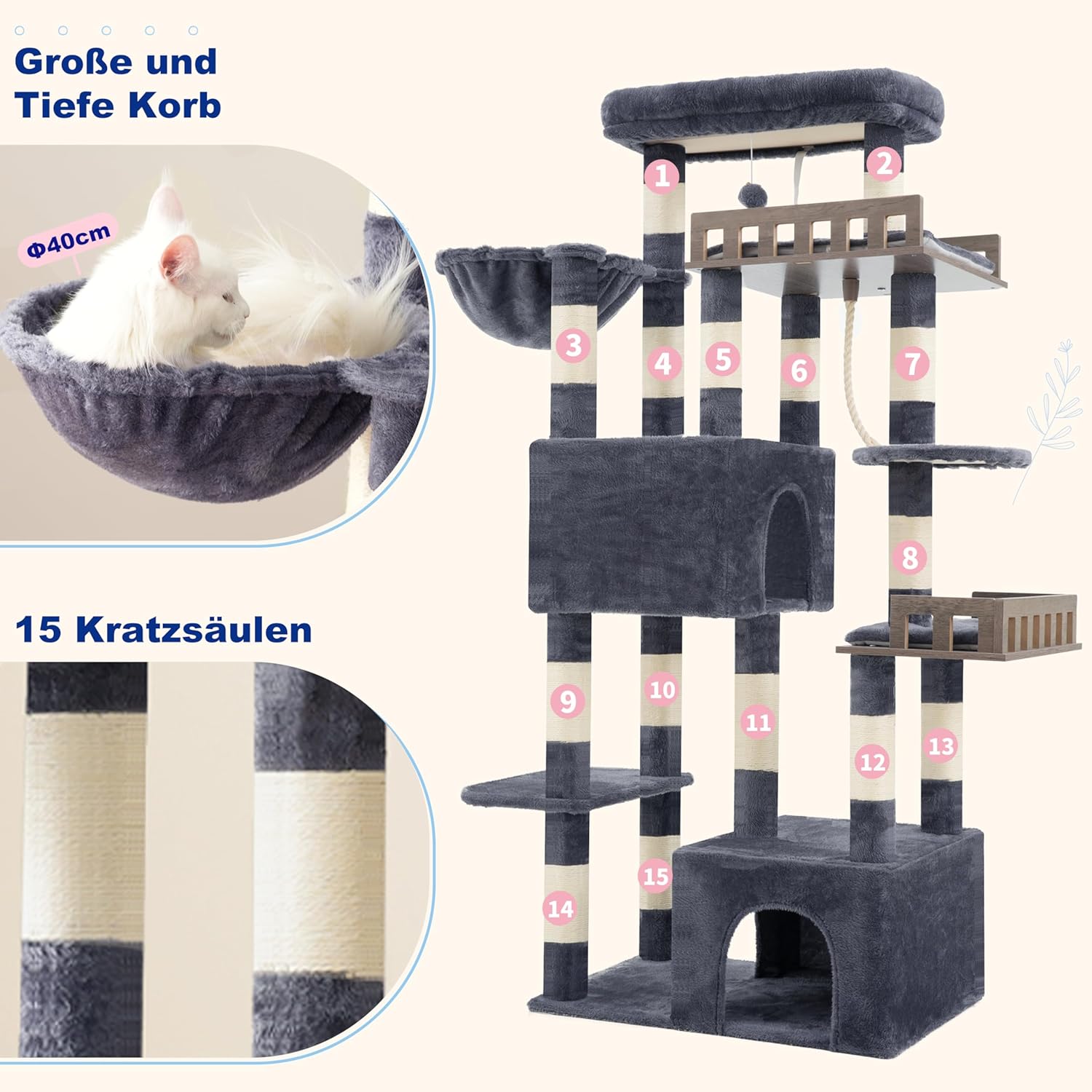 Large Cat Scratching Post for Large Adult Cats, 174 cm Cat Scratching Post with Hammock, 2 Large Sitting Bars, 2 Cat Caves, 15 Scratching Bars, Smoke Grey GCT033G - QUORE