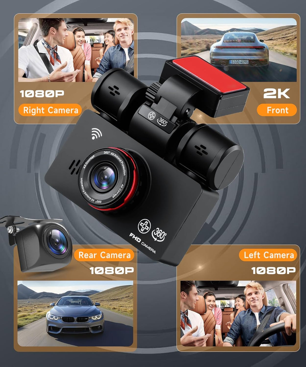 Rimoody WiFi 4-kanaals 360° dashcam auto 2K 1080P - QUORE