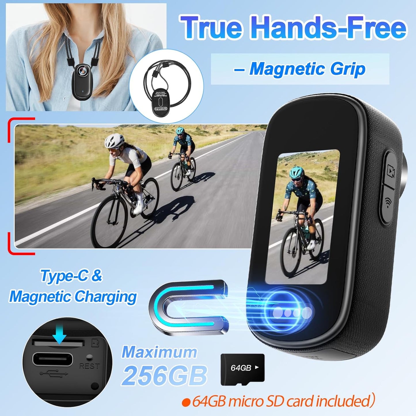 Mini Action Cam WiFi met scherm, 4K UHD en 150° groothoek, IP65 waterdichte bodycam 4K 64GB, draagbare anti-shake helmcamera motorfiets - ideaal voor sport en outdooractiviteiten