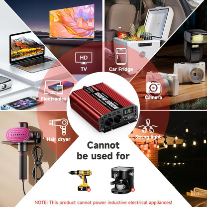 1500 W omvormer DC 12 V naar AC 230 V spanningsomvormer 2 AC stopcontact & USB-poort stroomomvormer met LCD-display, Power Inverter voor auto, auto, caravan, vrachtwagen