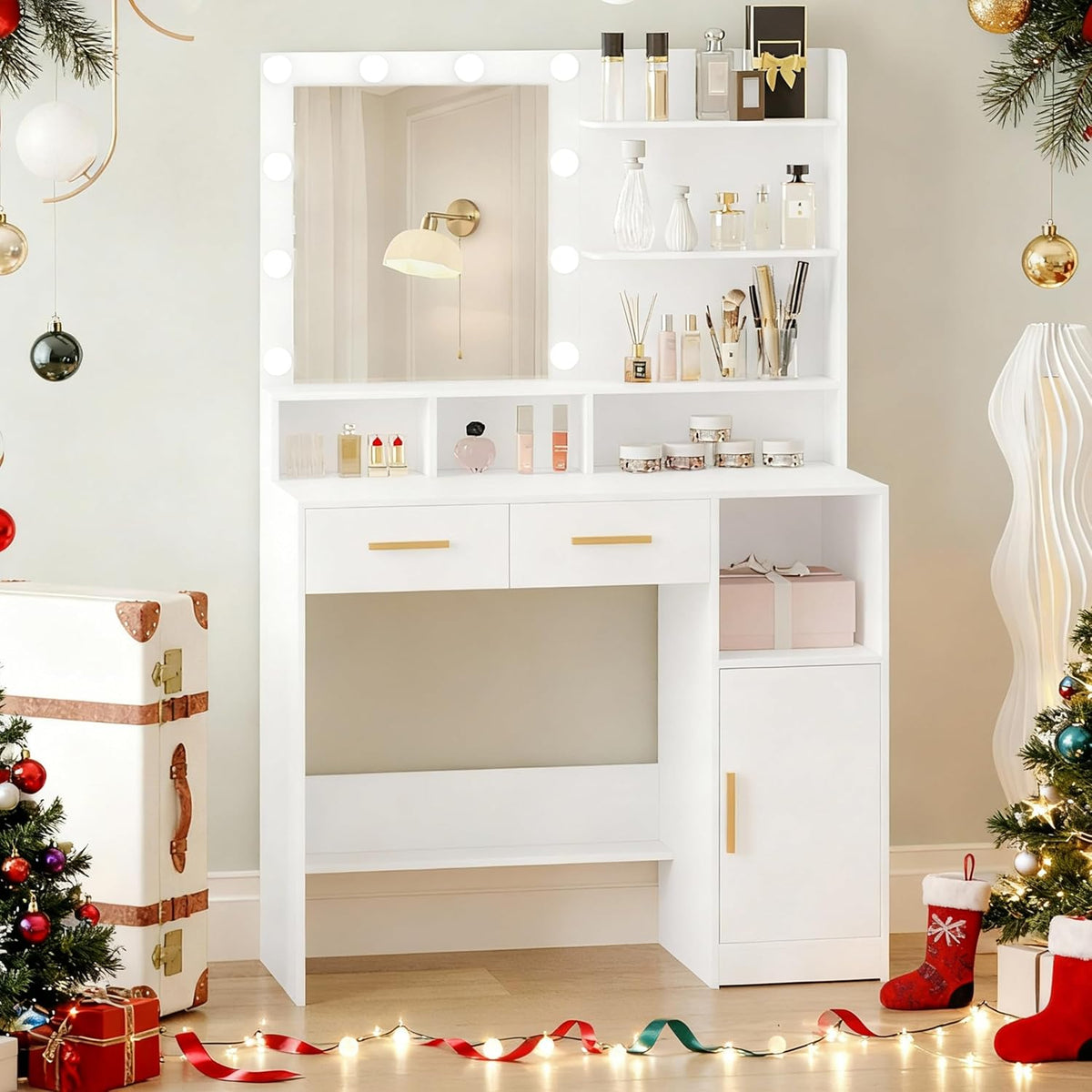 Hzuaneri Dressing Table with Mirror And 10 LED Lamps, Makeup Table with 3 Shelves and 4 Open Compartments, Dressing Table with 2 Drawers and Cabinet, 3 Adjustable Luminosities, WhiteDT32503X - QUORE