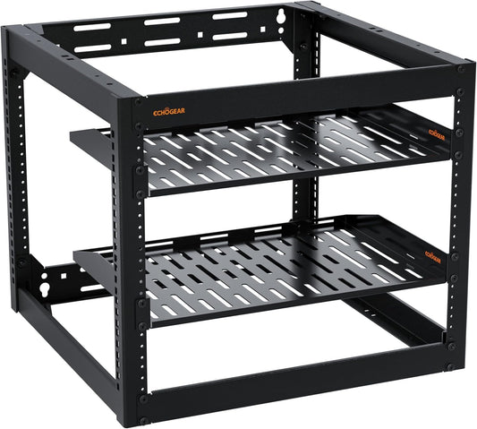 ECHOGEAR 10U Netwerkrek - Wandmonteerbaar Heavy Duty 4-paalontwerp voor al uw netwerk- en AV-apparatuur - Open frame-ontwerp omvat 2 1U geventileerde planken en montagehardware