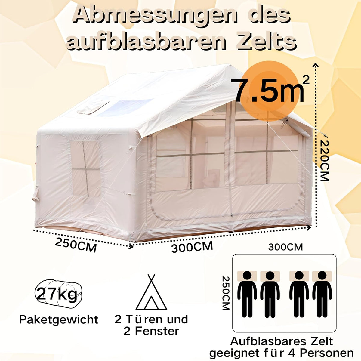 Opblaasbare tent voor kamperen, eenvoudige installatie met handpomp, draagbare 4 seizoenen opblaasbare luchttent, in waterdicht Oxford, outdoor gebruik voor 6 personen