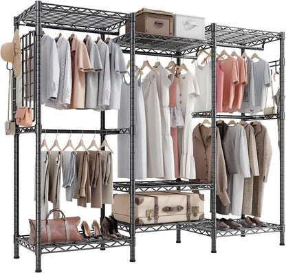 HOKEEPER Draagbare kledingkast, robuuste kledingstandaard, vrijstaande kledingstangen, verstelbare kastplanken, 177 cm L x 43 cm B x 193,5 cm H, maximale draagkracht 725 kg, zwart