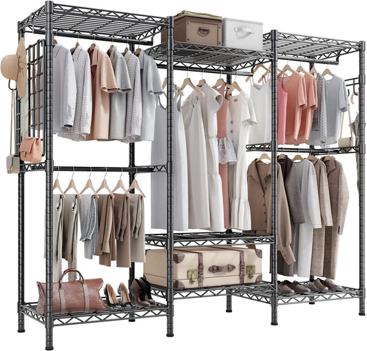 HOKEEPER Draagbare kledingkast, robuuste kledingstandaard, vrijstaande kledingstangen, verstelbare kastplanken, 177 cm L x 43 cm B x 193,5 cm H, maximale draagkracht 725 kg, zwart