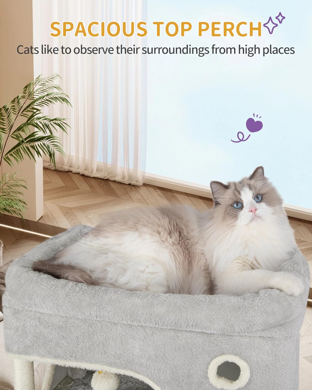Hzuaneri Cat Scratching Post, 178cm Multilayer Cat Tree with Large Platform, 2 Caves, 7 Sisal Poles, Pompoms, Cat Basket, Hammock, Suitable for Cats of All Sizes, Light Grey MS17818LG - QUORE