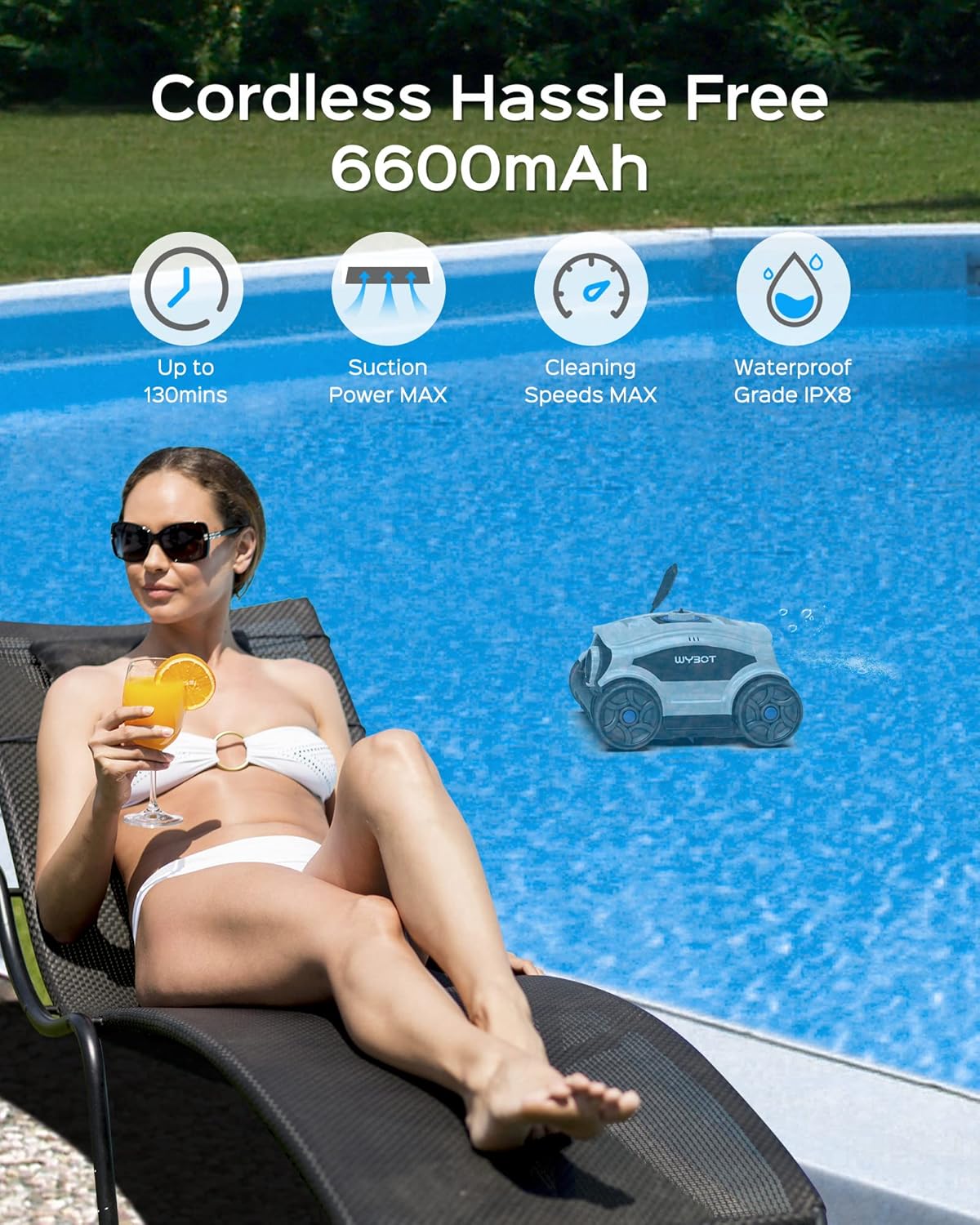 <font dir="auto" style="vertical-align: inherit;"><font dir="auto" style="vertical-align: inherit;">        WYBOT Pool robot with battery for 130 minutes of operation, powerful pool cleaner with dual drive motors, fast water drainage, pool vacuum for abov