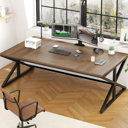 IBF Lange industriële computertafel, grote moderne houten bureau voor thuiskantoor, licht eiken pc studie gaming werk schrijftafel voor 2 personen, boerderij dubbel werkstation bureau met opslag in