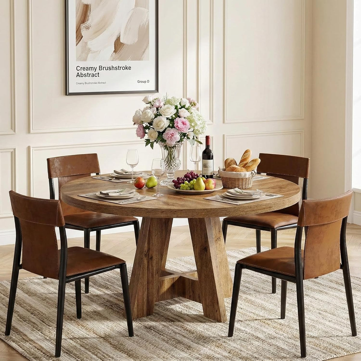 Lailang 120cm Ronde Eettafel, Japandi Eetkamertafel, Modern Kitchen Dining Table, Houten Eettafel, Dining Table For 4 Person, Rustic Dining Room Table, 120 x 120 x 75 cm, Burlywood