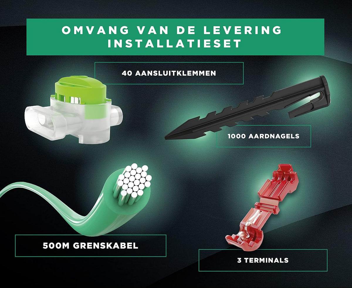 begrenzingskabel installatieset voor robotmaaiers - 1000 haringen met gepatenteerde vorm - 40 aansluitklemmen - 500m begrenzingskabel voor robotmaaiers - 3 aansluitklemmen