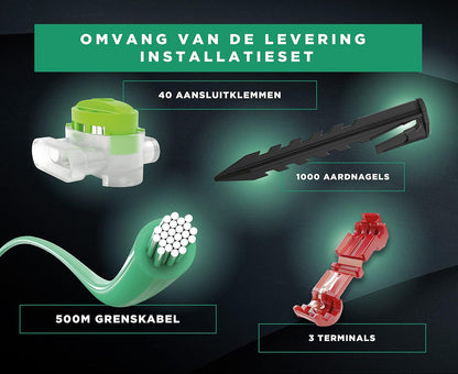 begrenzingskabel installatieset voor robotmaaiers - 1000 haringen met gepatenteerde vorm - 40 aansluitklemmen - 500m begrenzingskabel voor robotmaaiers - 3 aansluitklemmen