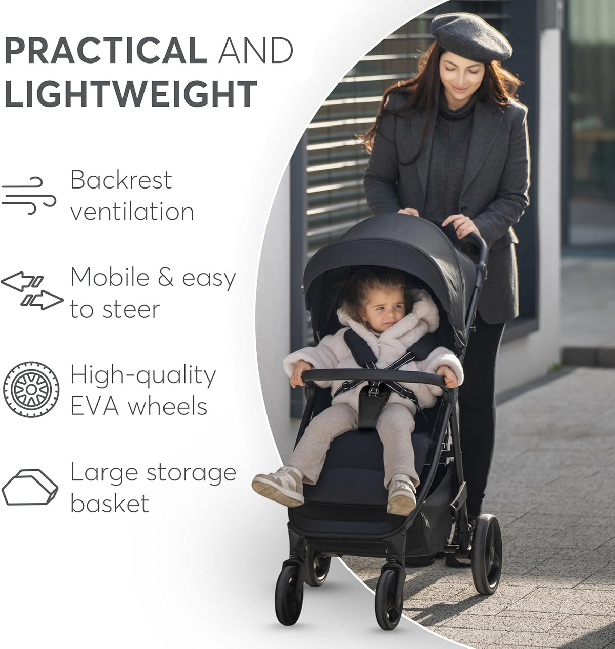 KikkaBoo Urban Kinderwagen, licht, vanaf de geboorte tot 22 kg, compact, EVA-wielen met vering, verstelbaar stuur, zwart