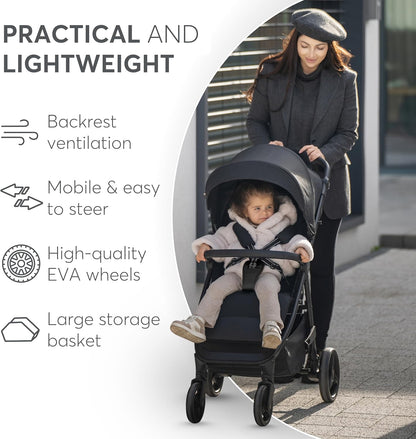 KikkaBoo Urban Kinderwagen, licht, vanaf de geboorte tot 22 kg, compact, EVA-wielen met vering, verstelbaar stuur, zwart