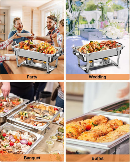Chafing Dish Buffet Set 9L, Eenvoudig te Monteren, 2-Pack Voedselveilig RVS Warmhoudbakken, Opvouwbaar Frame [Veilig Afgerand Randontwerp], Voedselwarmer voor Catering Buffet en Elk Feest (1/2+1/1 GN)