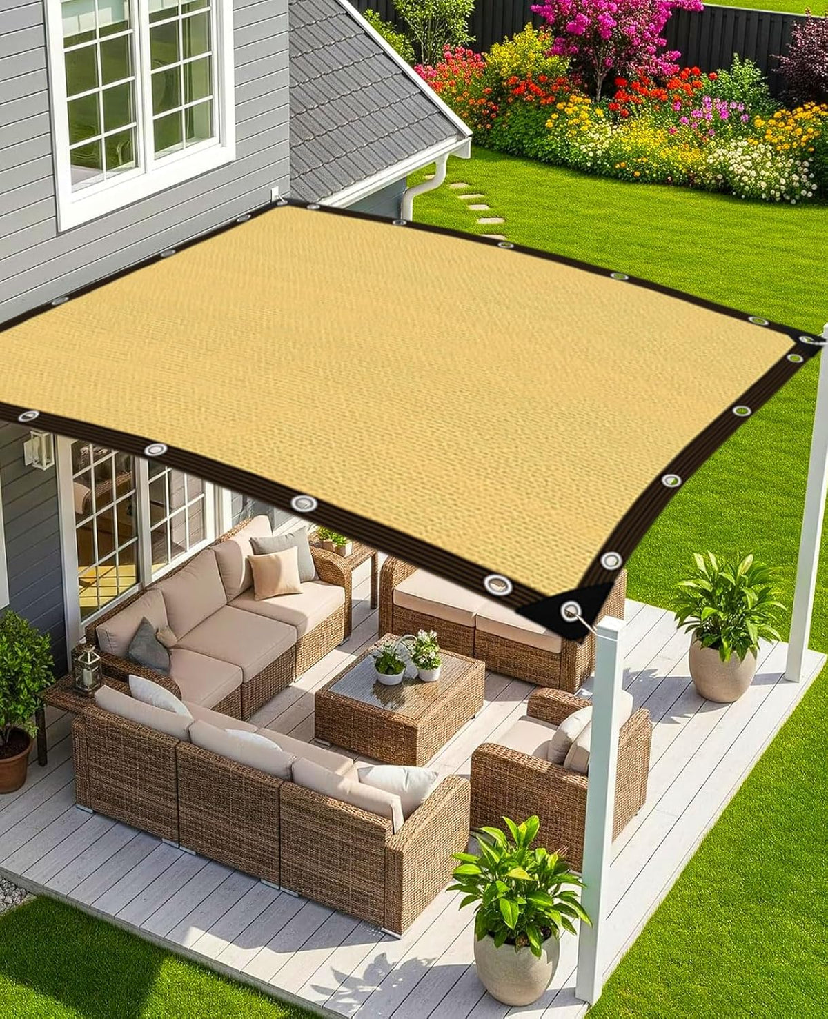 Schaduwnet, beige, schaduwnet met ogen, licht en duurzaam, schaduwnet, zonnezeil voor terras, pergola, balkon, tuin, planten, kas, kippenhok, buiten