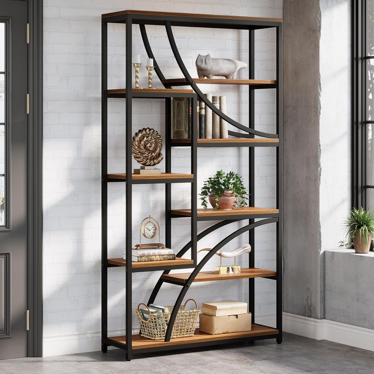 Tribesigns Bookcase, 180 cm, 9 Tier Shelf, Large Geometric Bookcase with Open Compartments, Free Standing Wood and Metal Shelf for Living Room, Industrial Design, Brown and Black