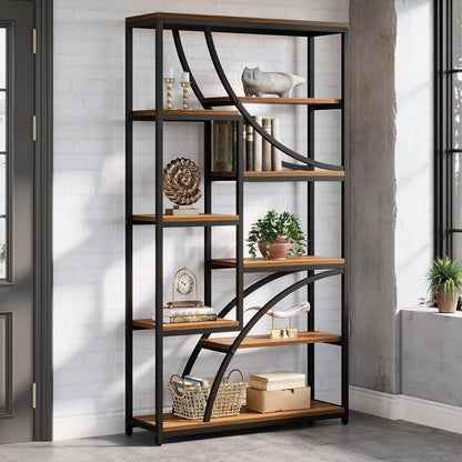 Tribesigns Bookcase, 180 cm, 9 Tier Shelf, Large Geometric Bookcase with Open Compartments, Free Standing Wood and Metal Shelf for Living Room, Industrial Design, Brown and Black