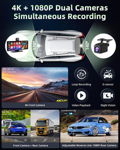 350° draaibaar: Carplay display, Android autodisplay met 4K dashcam, auto voor en achter, 10,26 inch touchscreen, draagbaar Driveplay-scherm, dual bluetooth, mirror Link, 64G TF-kaart