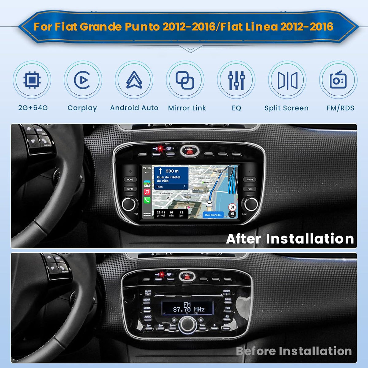 2+64G Stereo voor Fiat Grande Punto 2012-2016/Fiat Line 20 Android met Wireless CarPlay Android Auto, 7 Inch Autoradio Soporta Bluetooth WIFI FM DSP SWC AHD Achteruitkijkcamera