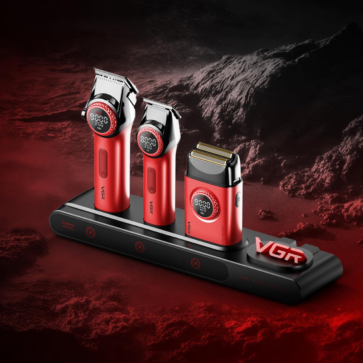 VGR 3 in 1 Professionele Tondeuse Set met Tondeuse, Trimmer, Foliescheerapparaat, Draadloze Haarknipset met Verbeterde Krachtige Motor, Geïntegreerd Oplaadstation, LED Scherm en Opbergdoos, Rood
