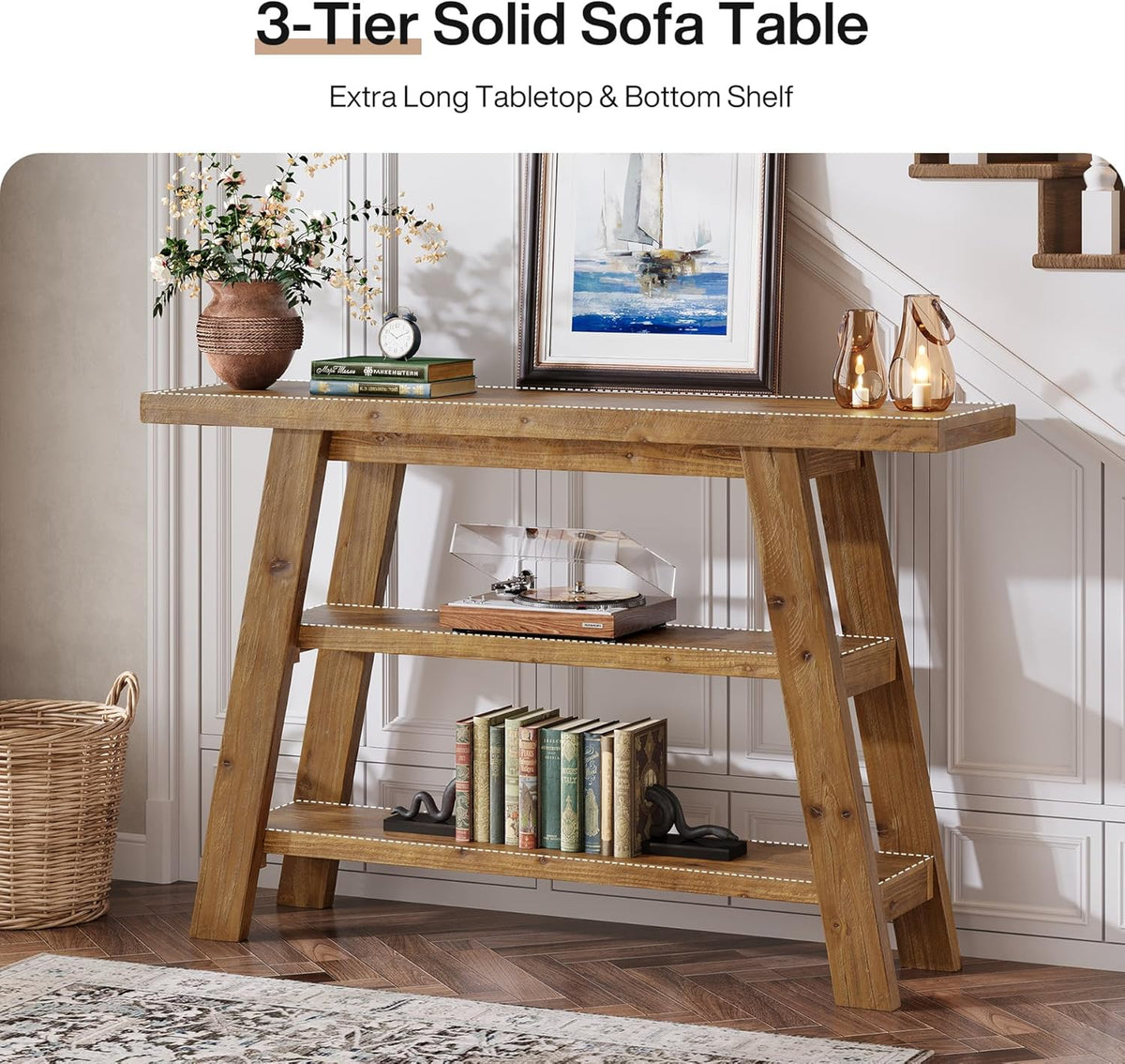 Solid Wood Console Table, 120 cm Long Country Entrance Table with 3-Stage Shelves, Rectangular Sofa Tables Behind Sofa, Narrow Accent Tables for Hallway, Entrance, Foyer, Living Room (Brown)