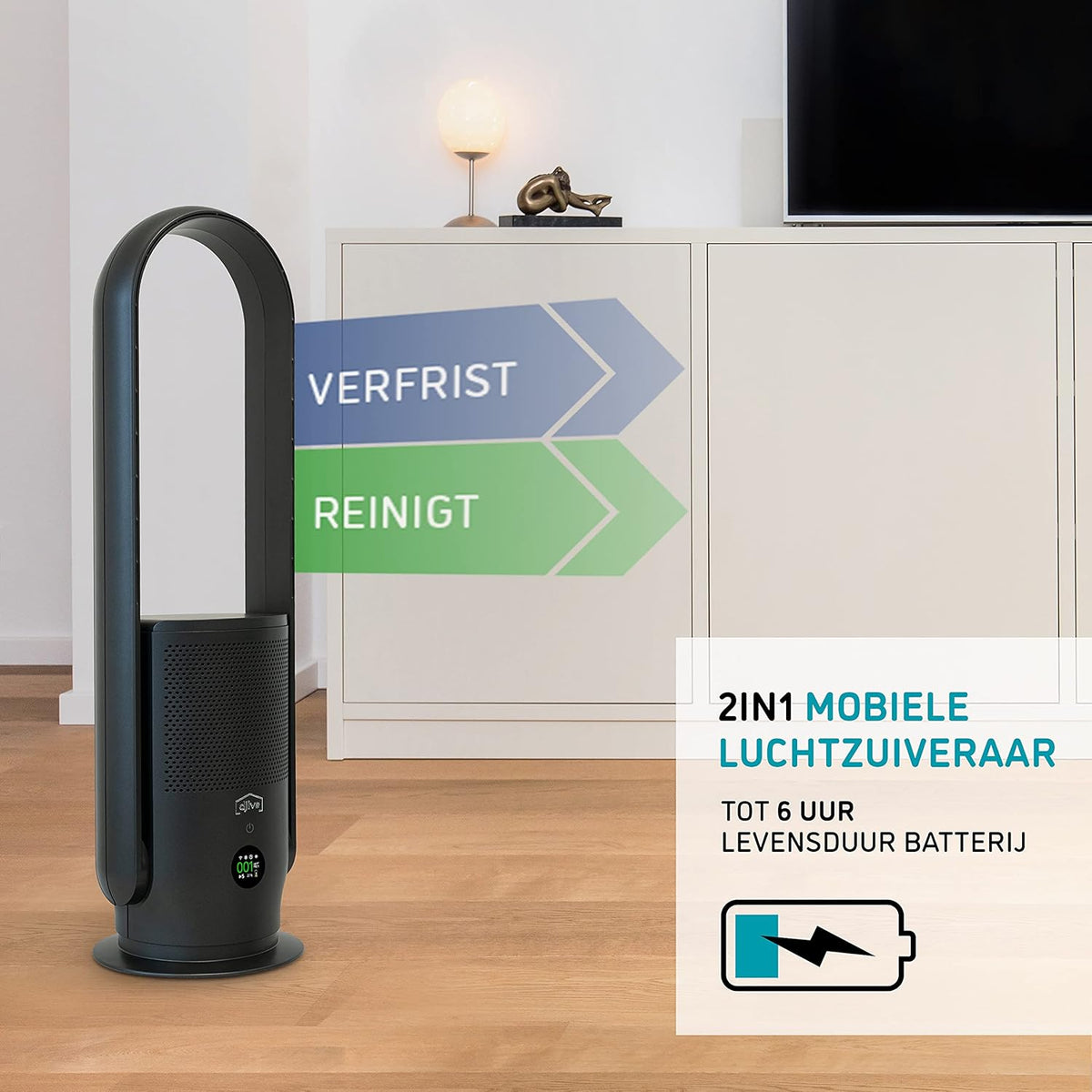 Draadloze 2in1 Torenventilator – Ventilator, Luchtreiniger, Standventilator, Mobiele Ventilator – 6 Uur Batterij – HEPA 14 Filter & UV Desinfectie – Grijs