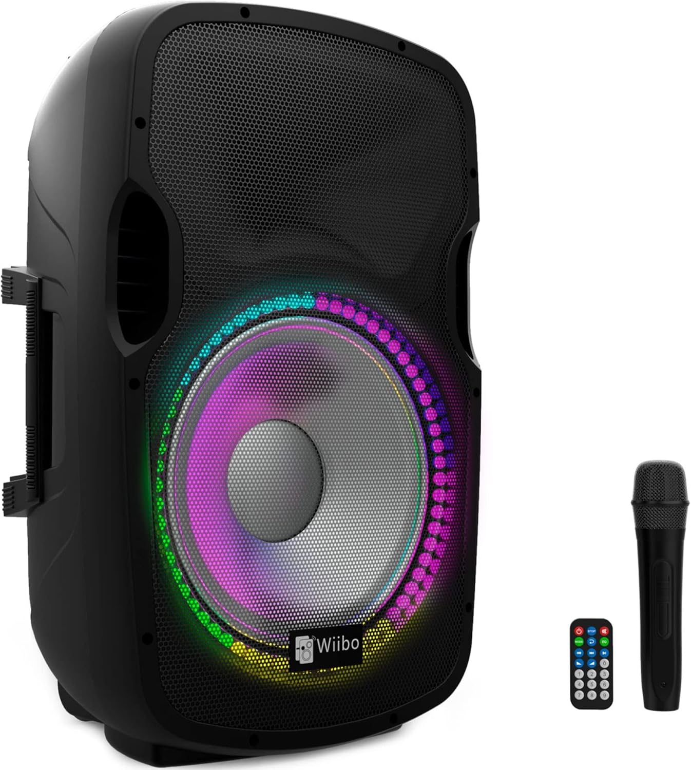 Actieve luidspreker – PA speaker – Bluetooth speaker – Party speaker – Feestspeaker – 15 inch 600W piek – Inclusief microfoon, standaard en RGB ledverlichting