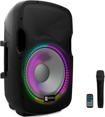 Actieve luidspreker – PA speaker – Bluetooth speaker – Party speaker – Feestspeaker – 15 inch 600W piek – Inclusief microfoon, standaard en RGB ledverlichting