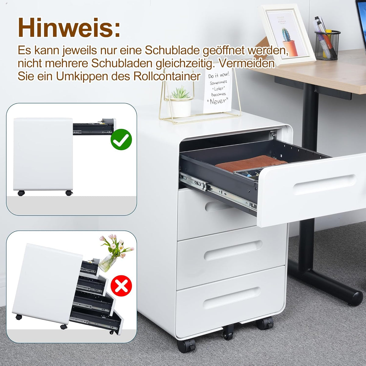 Rollcontainer, mobiele archiefkast, afgeronde hoek, 4 laden, 40 x 46 x 63 cm, wit OFC041W01HI