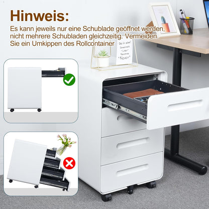 Rollcontainer, mobiele archiefkast, afgeronde hoek, 4 laden, 40 x 46 x 63 cm, wit OFC041W01HI