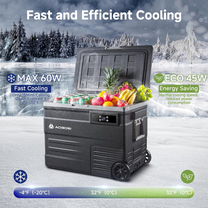 AAOBOSI Compressor-koelbox, 55 liter, koelbox auto met wifi-app-bediening, 12/24 V en 100-240 V, elektrische koelbox tot -20 °C, voor auto, vrachtwagen, boot, camper, camping, kan met accu worden